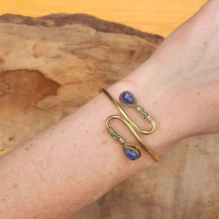 Golden Lapis Lazuli Bracelet / Spiral Boho Bangle / Ethnic / Rustic / Bohemian / Hippie / Gypsy / Psy / Adjustable