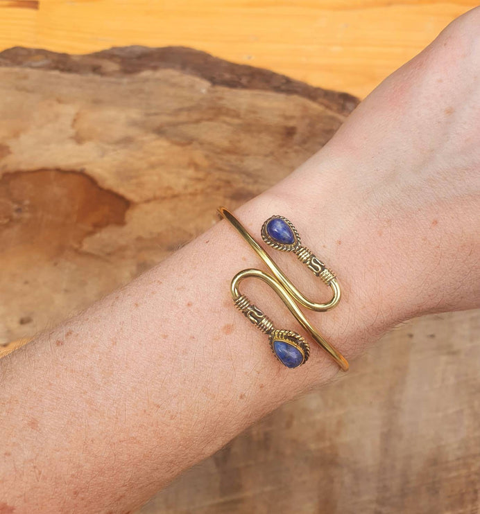 Golden Lapis Lazuli Bracelet / Spiral Boho Bangle / Ethnic / Rustic / Bohemian / Hippie / Gypsy / Psy / Adjustable