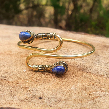 Golden Lapis Lazuli Bracelet / Spiral Boho Bangle / Ethnic / Rustic / Bohemian / Hippie / Gypsy / Psy / Adjustable