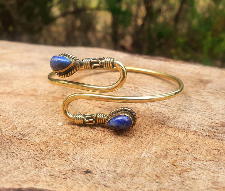 Golden Lapis Lazuli Bracelet / Spiral Boho Bangle / Ethnic / Rustic / Bohemian / Hippie / Gypsy / Psy / Adjustable