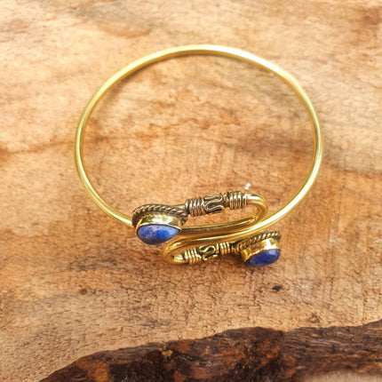 Golden Lapis Lazuli Bracelet / Spiral Boho Bangle / Ethnic / Rustic / Bohemian / Hippie / Gypsy / Psy / Adjustable