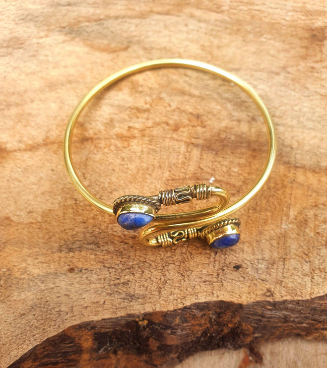 Golden Lapis Lazuli Bracelet / Spiral Boho Bangle / Ethnic / Rustic / Bohemian / Hippie / Gypsy / Psy / Adjustable