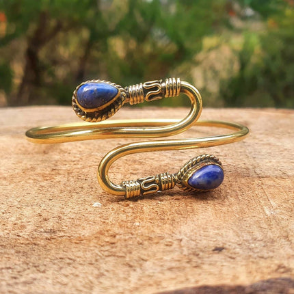 Golden Lapis Lazuli Bracelet / Spiral Boho Bangle / Ethnic / Rustic / Bohemian / Hippie / Gypsy / Psy / Adjustable