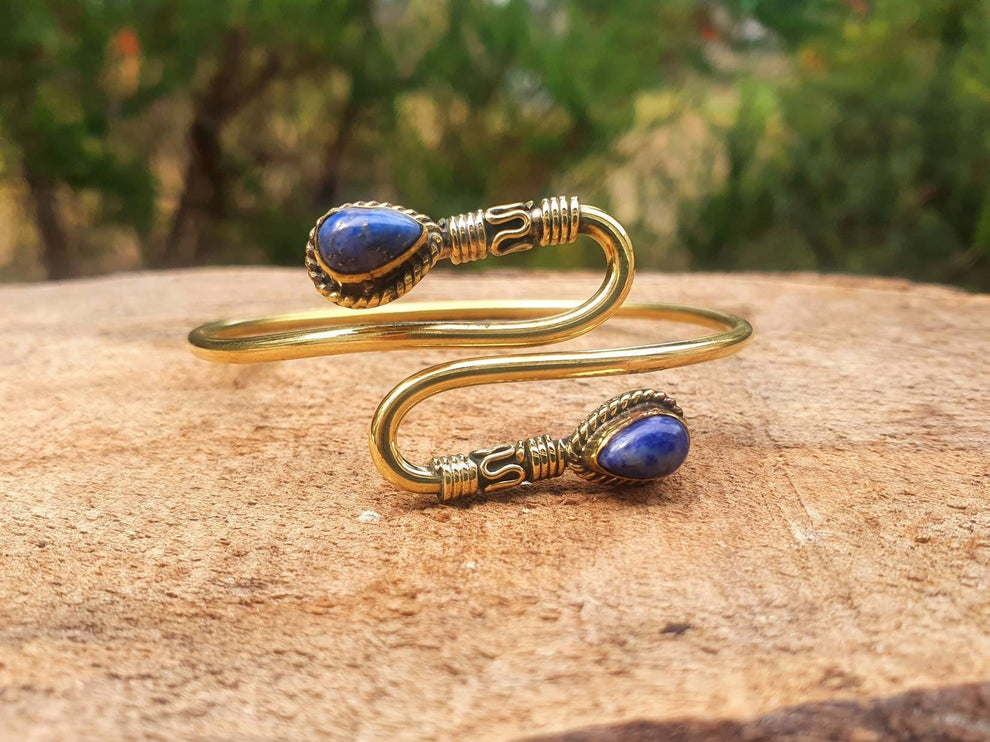 Golden Lapis Lazuli Bracelet / Spiral Boho Bangle / Ethnic / Rustic / Bohemian / Hippie / Gypsy / Psy / Adjustable