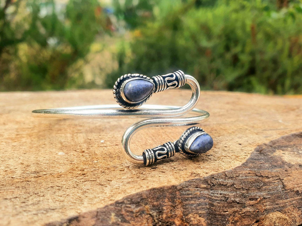 Silver Lapis Lazuli Bracelet / Spiral Boho Bangle / Ethnic / Rustic / Bohemian / Hippie / Gypsy / Psy / Adjustable