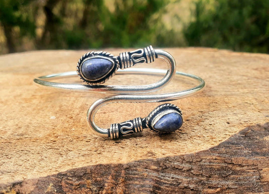 Silver Lapis Lazuli Bracelet / Spiral Boho Bangle / Ethnic / Rustic / Bohemian / Hippie / Gypsy / Psy / Adjustable