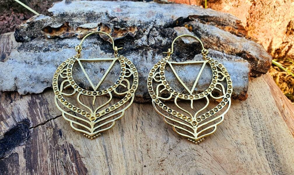 Gypsy Brass Hoop Earrings; Ethnic, Geometric, Rustic, Yoga, Hippie, Gypsy, Pretty, Psy, Boho, Bohemian, Festival