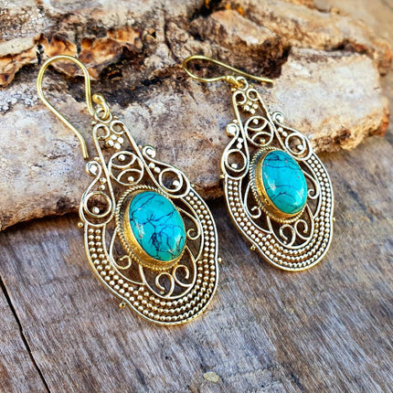 Large Turquoise Brass Drop Dangle earrings / Birth Stone / Ethnic / rustic, yoga, hippie, gypsy, pretty, psy, boho, bohemian, festival