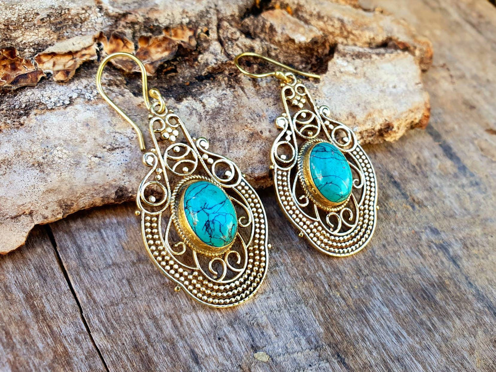 Large Turquoise Brass Drop Dangle earrings / Birth Stone / Ethnic / rustic, yoga, hippie, gypsy, pretty, psy, boho, bohemian, festival