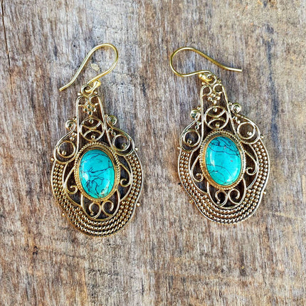 Large Turquoise Brass Drop Dangle earrings / Birth Stone / Ethnic / rustic, yoga, hippie, gypsy, pretty, psy, boho, bohemian, festival