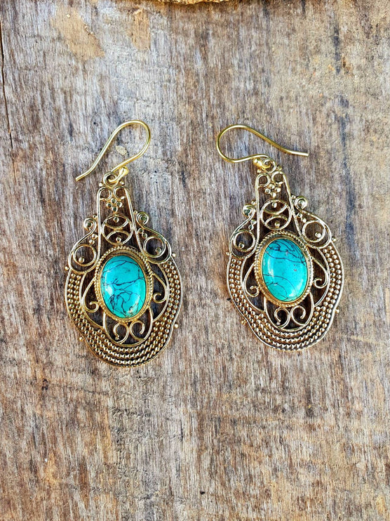 Large Turquoise Brass Drop Dangle earrings / Birth Stone / Ethnic / rustic, yoga, hippie, gypsy, pretty, psy, boho, bohemian, festival