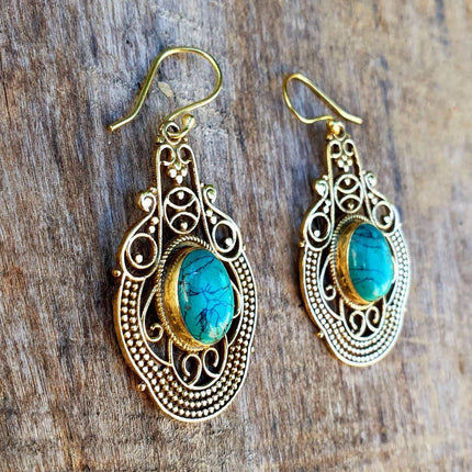 Large Turquoise Brass Drop Dangle earrings / Birth Stone / Ethnic / rustic, yoga, hippie, gypsy, pretty, psy, boho, bohemian, festival