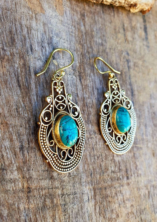 Large Turquoise Brass Drop Dangle earrings / Birth Stone / Ethnic / rustic, yoga, hippie, gypsy, pretty, psy, boho, bohemian, festival