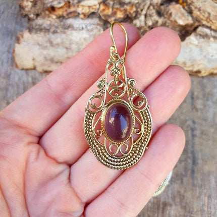 Large Amethyst Golden Drop Dangle earrings / Birth Stone / Ethnic / rustic, yoga, hippie, gypsy, pretty, psy, boho, bohemian, festival