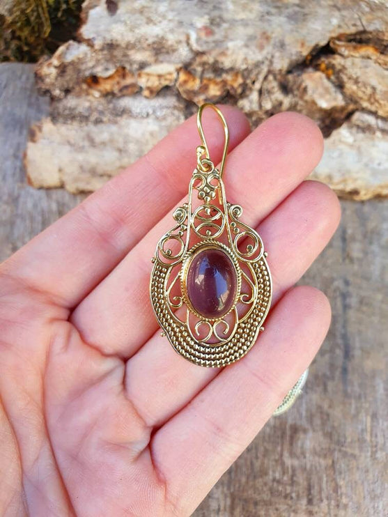 Large Amethyst Golden Drop Dangle earrings / Birth Stone / Ethnic / rustic, yoga, hippie, gypsy, pretty, psy, boho, bohemian, festival