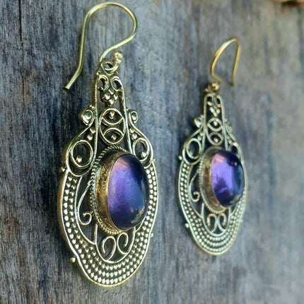 Large Amethyst Golden Drop Dangle earrings / Birth Stone / Ethnic / rustic, yoga, hippie, gypsy, pretty, psy, boho, bohemian, festival