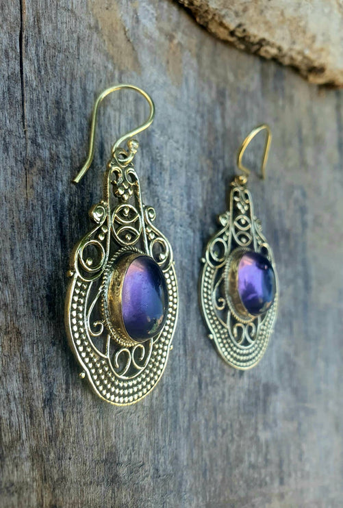 Large Amethyst Golden Drop Dangle earrings / Birth Stone / Ethnic / rustic, yoga, hippie, gypsy, pretty, psy, boho, bohemian, festival