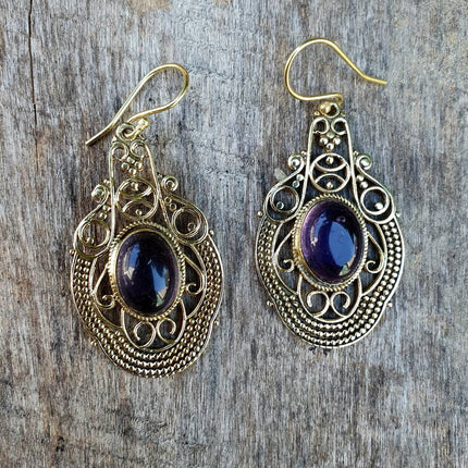 Large Amethyst Golden Drop Dangle earrings / Birth Stone / Ethnic / rustic, yoga, hippie, gypsy, pretty, psy, boho, bohemian, festival