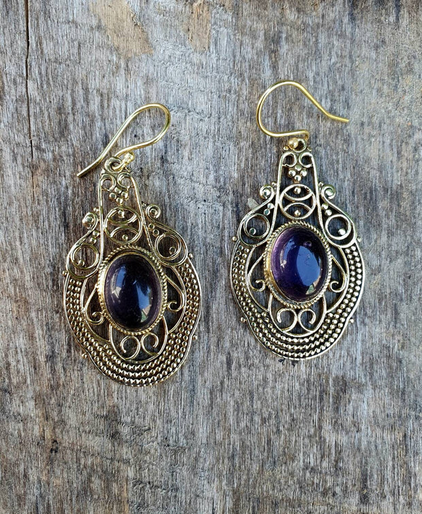 Large Amethyst Golden Drop Dangle earrings / Birth Stone / Ethnic / rustic, yoga, hippie, gypsy, pretty, psy, boho, bohemian, festival