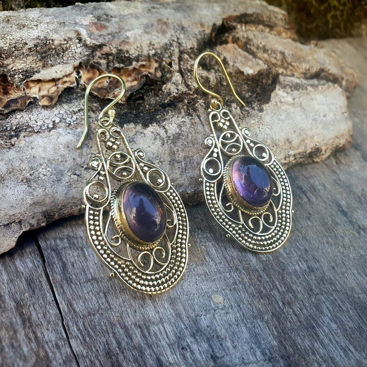 Large Amethyst Golden Drop Dangle earrings / Birth Stone / Ethnic / rustic, yoga, hippie, gypsy, pretty, psy, boho, bohemian, festival