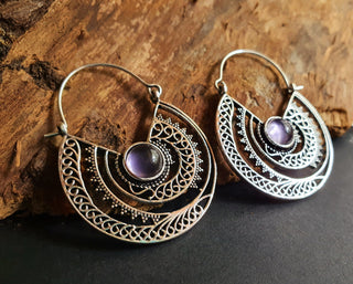 Amethyst & Silver Hoop Earrings Ethnic, rustic, yoga, hippie, gypsy, pretty, psy, boho, bohemian, festival