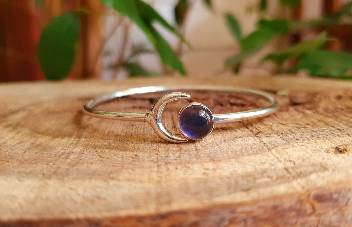 Moon Bracelet / Silver & Amethyst / Bangle / Galaxy / Solar System / Planets / Boho / Adjustable / Hippie / Chic / Sun