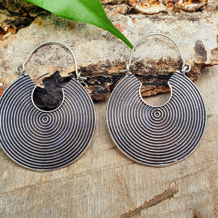 Geometric Silver Spiral Earrings; Boho Ethnic Rustic Indian Festival Psy Gypsy Spiral Hippie Tribal style