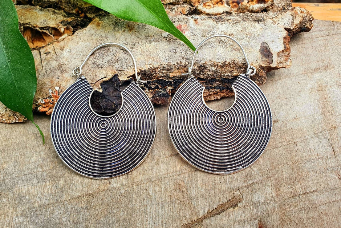 Geometric Silver Spiral Earrings; Boho Ethnic Rustic Indian Festival Psy Gypsy Spiral Hippie Tribal style