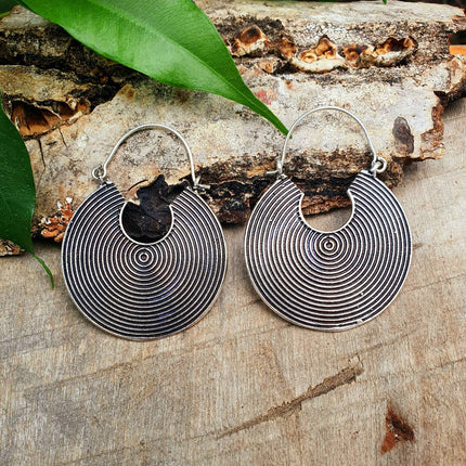 Geometric Silver Spiral Earrings; Boho Ethnic Rustic Indian Festival Psy Gypsy Spiral Hippie Tribal style