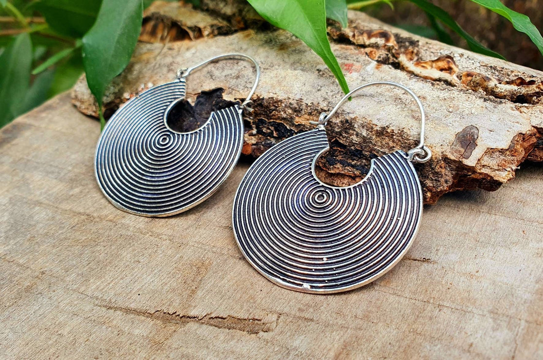 Geometric Silver Spiral Earrings; Boho Ethnic Rustic Indian Festival Psy Gypsy Spiral Hippie Tribal style