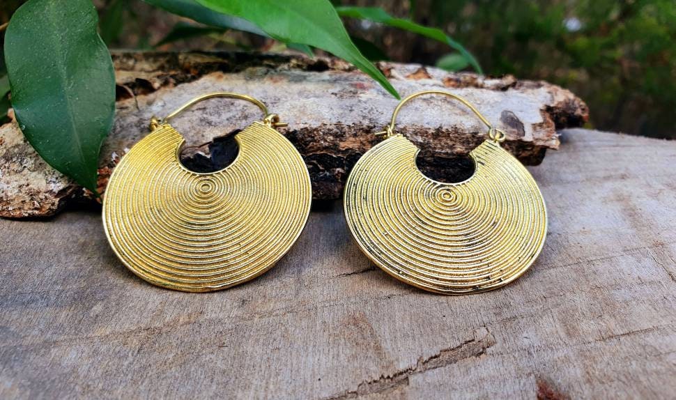 Geometric Circle Tribal Brass earrings; Boho Ethnic Rustic Indian Festival Psy Gypsy Spiral Hippie Tribal style