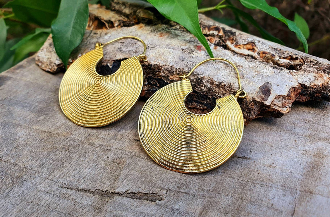 Geometric Circle Tribal Brass earrings; Boho Ethnic Rustic Indian Festival Psy Gypsy Spiral Hippie Tribal style