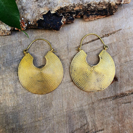 Geometric Circle Tribal Brass earrings; Boho Ethnic Rustic Indian Festival Psy Gypsy Spiral Hippie Tribal style