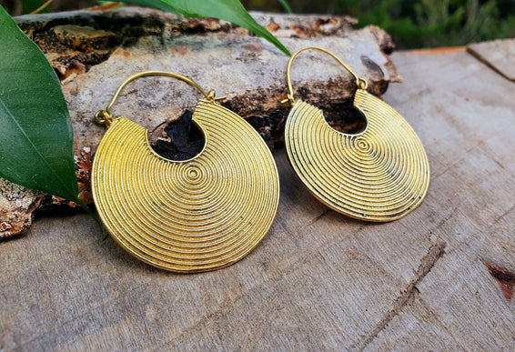 Geometric Circle Tribal Brass earrings; Boho Ethnic Rustic Indian Festival Psy Gypsy Spiral Hippie Tribal style