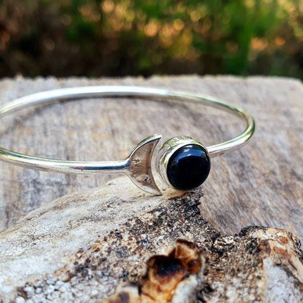 Silver Moon Bracelet / Black Onyx / Bangle / Galaxy / Solar System / Planets / Boho / Adjustable / Hippie / Chic / Sun