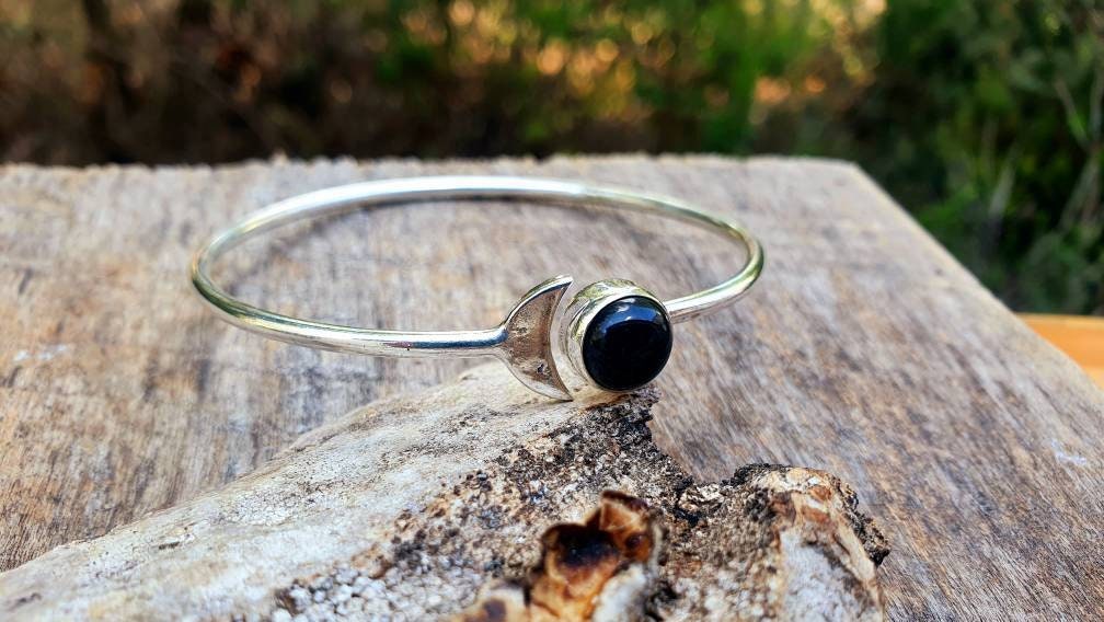 Silver Moon Bracelet / Black Onyx / Bangle / Galaxy / Solar System / Planets / Boho / Adjustable / Hippie / Chic / Sun