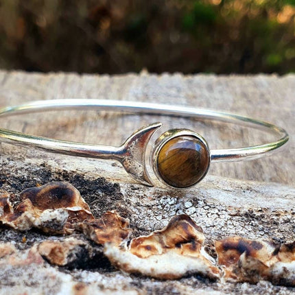 Silver Moon Bracelet / Tiger eye / Bangle / Galaxy / Solar System / Planets / Boho / Adjustable / Hippie / Chic / Sun