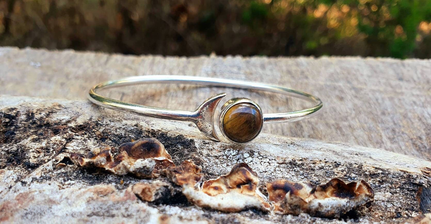 Silver Moon Bracelet / Tiger eye / Bangle / Galaxy / Solar System / Planets / Boho / Adjustable / Hippie / Chic / Sun