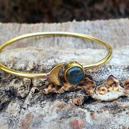 Gold Moon Bracelet / Labradorite / Brass / Bangle / Galaxy / Solar System / Planets / Boho / Adjustable / Hippie / Chic / Sun