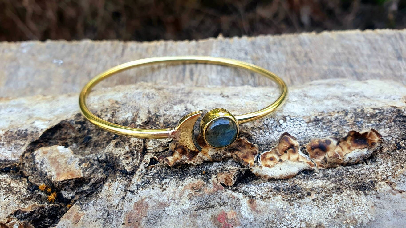 Gold Moon Bracelet / Labradorite / Brass / Bangle / Galaxy / Solar System / Planets / Boho / Adjustable / Hippie / Chic / Sun