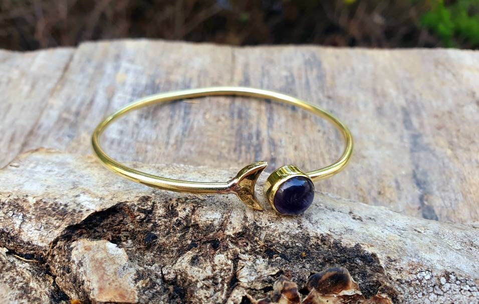 Amethyst Gold Moon Bracelet / Bangle / Galaxy / Solar System / Planets / Boho / Adjustable / Hippie / Chic / Sun