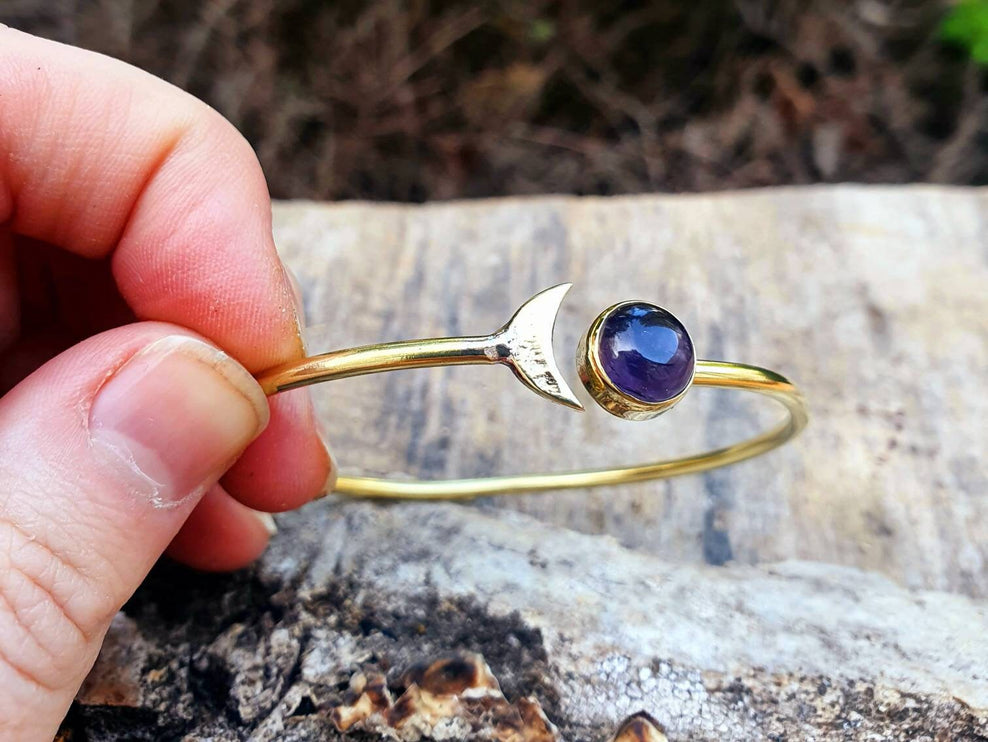 Amethyst Gold Moon Bracelet / Bangle / Galaxy / Solar System / Planets / Boho / Adjustable / Hippie / Chic / Sun