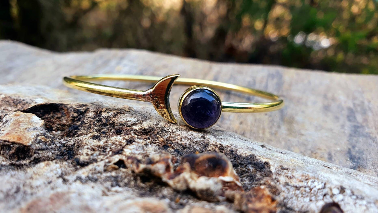 Amethyst Gold Moon Bracelet / Bangle / Galaxy / Solar System / Planets / Boho / Adjustable / Hippie / Chic / Sun