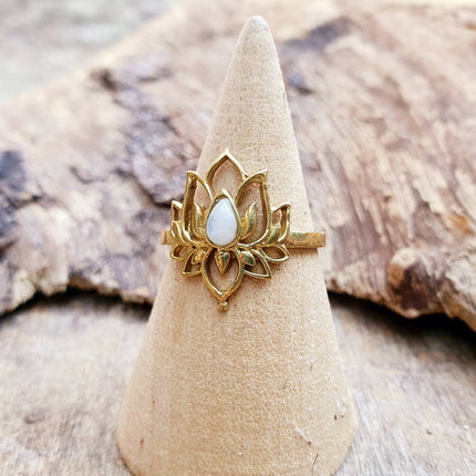 Moonstone Golden Lotus Flower Ring / Gold Flower / Boho / Ethnic / Rustic / Tribal / Gypsy / Festival / Indian / Healing / Festival