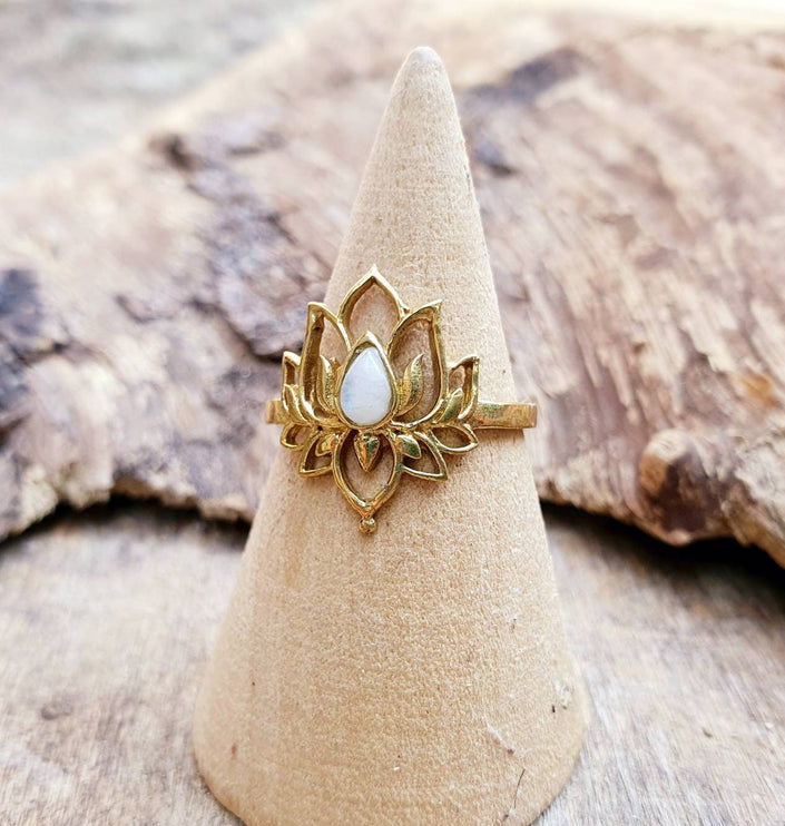 Moonstone Golden Lotus Flower Ring / Gold Flower / Boho / Ethnic / Rustic / Tribal / Gypsy / Festival / Indian / Healing / Festival