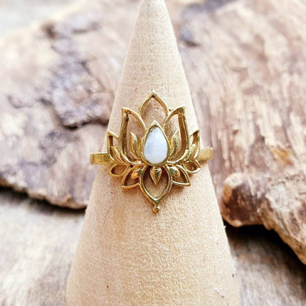 Moonstone Golden Lotus Flower Ring / Gold Flower / Boho / Ethnic / Rustic / Tribal / Gypsy / Festival / Indian / Healing / Festival