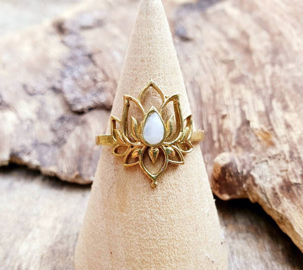 Moonstone Golden Lotus Flower Ring / Gold Flower / Boho / Ethnic / Rustic / Tribal / Gypsy / Festival / Indian / Healing / Festival