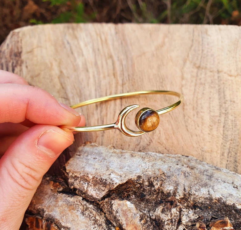 Tiger Eye Bracelet Moon Brass Bangle / Galaxy / Solar System / Planets / Boho / Adjustable / Hippie / Chic / Sun