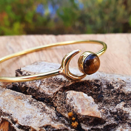 Tiger Eye Bracelet Moon Brass Bangle / Galaxy / Solar System / Planets / Boho / Adjustable / Hippie / Chic / Sun