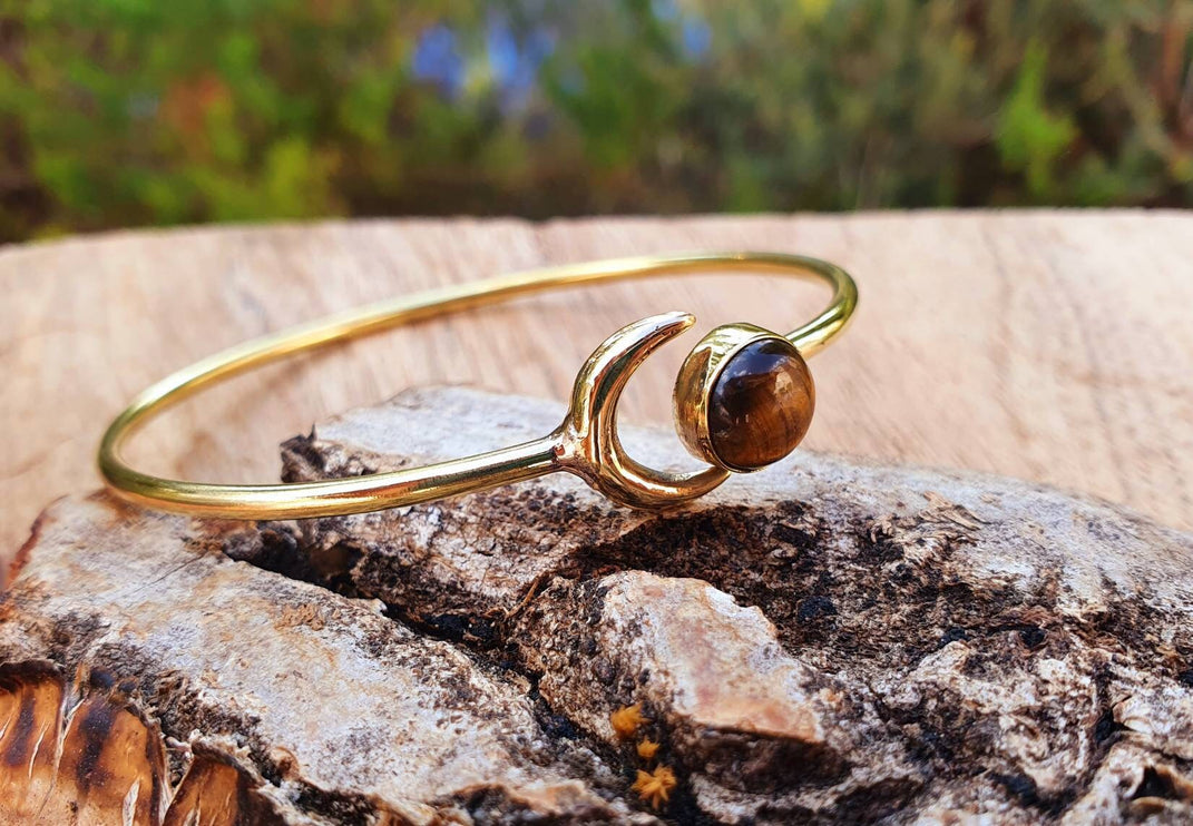 Tiger Eye Bracelet Moon Brass Bangle / Galaxy / Solar System / Planets / Boho / Adjustable / Hippie / Chic / Sun